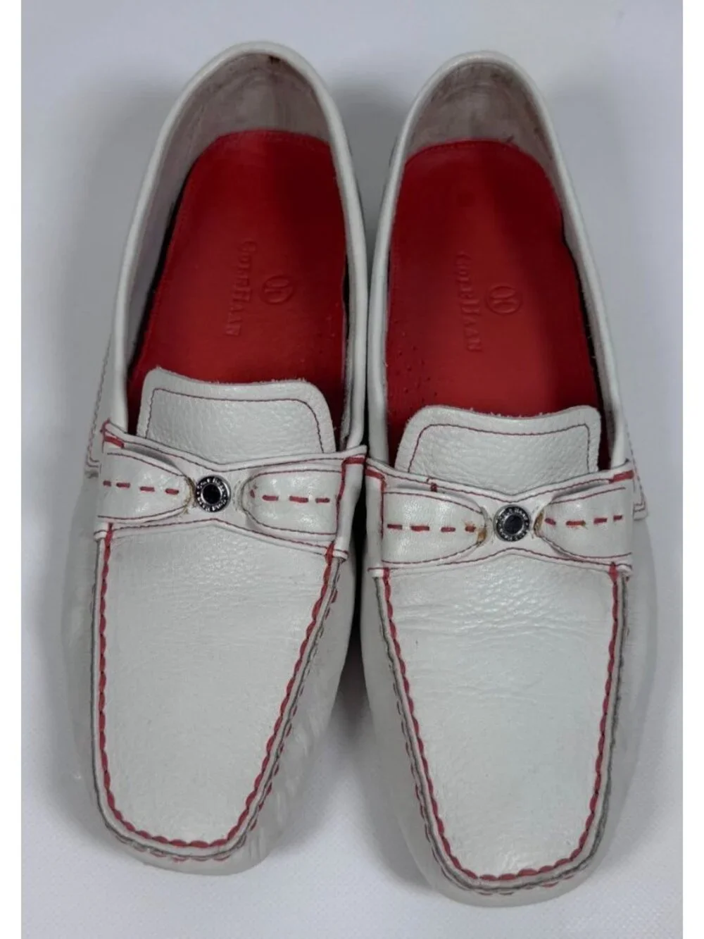 Cole Haan Women White Leather Driving Loafers Shoes Red Stitch Bow Size 8.5 B